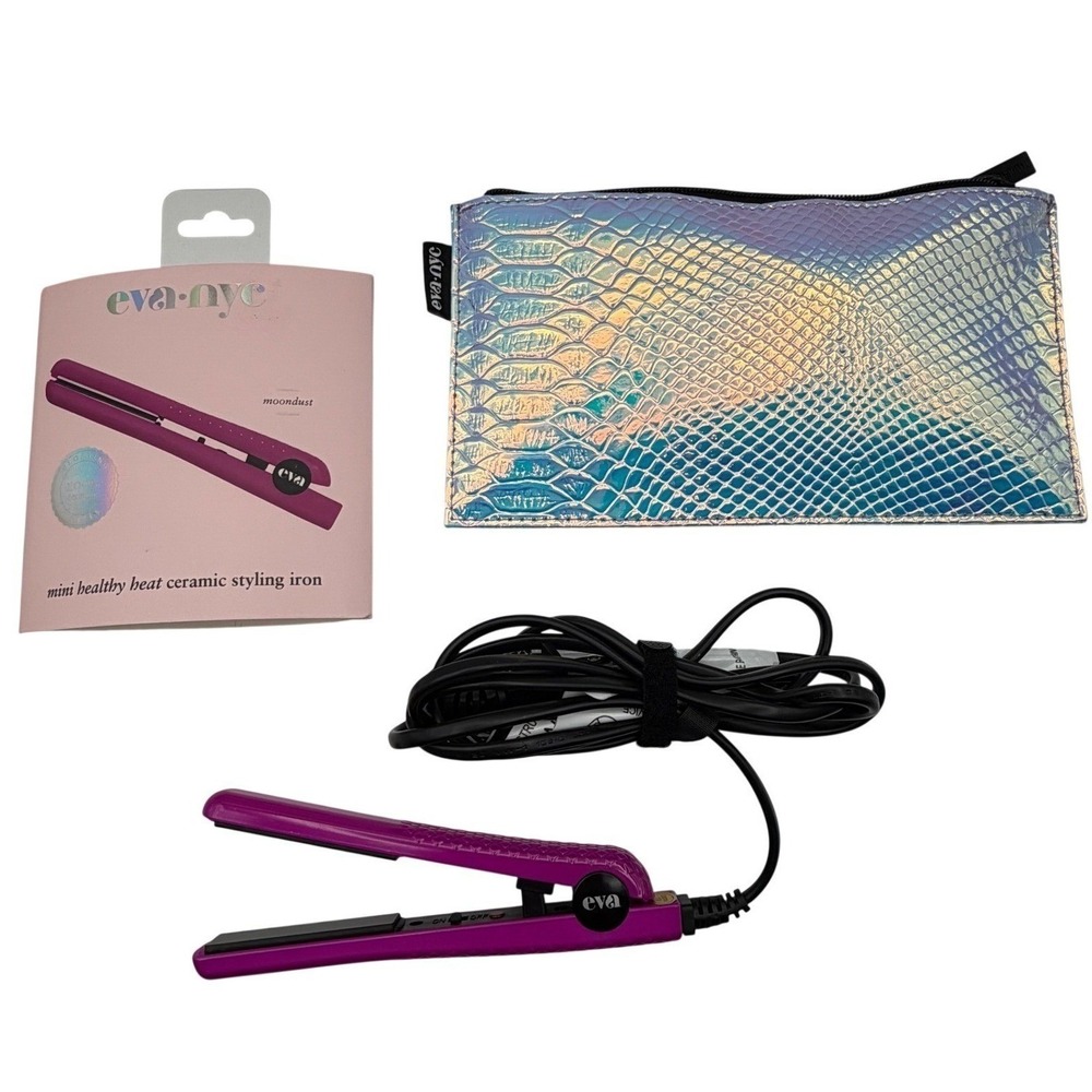 Eva NYC Mini Hair Straightener‎ Purple with Iridescent Holographic Travel Pouch